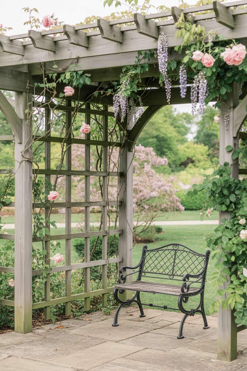 27 Gorgeous Pergola Patio Ideas to Transform Your Backyard 11 Weathered wood pergola with climbing roses and wisteria over stone pathway