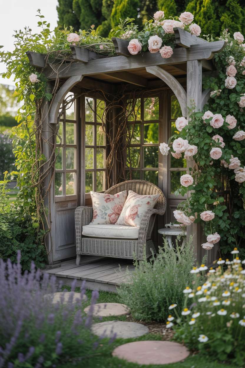 27 Gorgeous Pergola Patio Ideas to Transform Your Backyard 12 Weathered pergola with pink climbing roses over floral cushioned wicker chair
