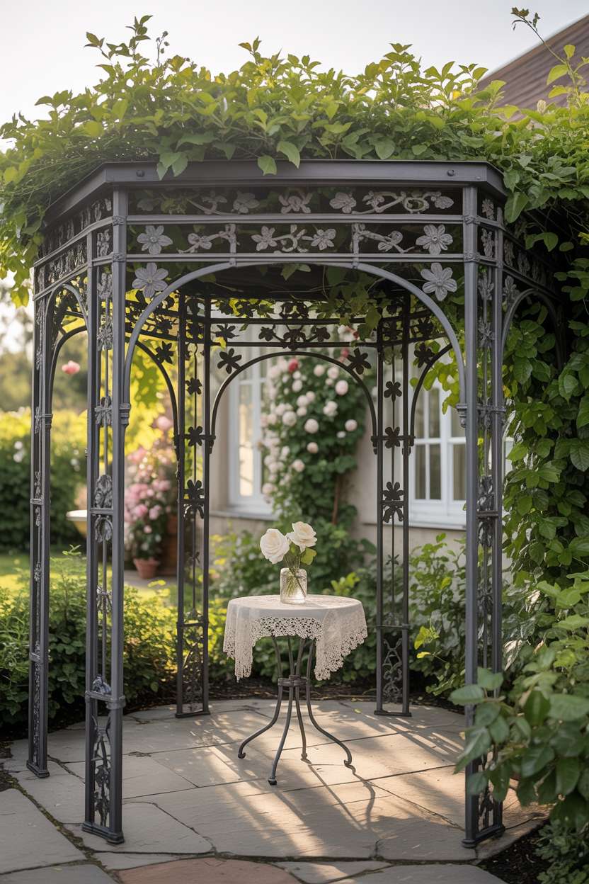 27 Gorgeous Pergola Patio Ideas to Transform Your Backyard 13 Dark gray wrought iron pergola with intricate details and ivy over bistro table