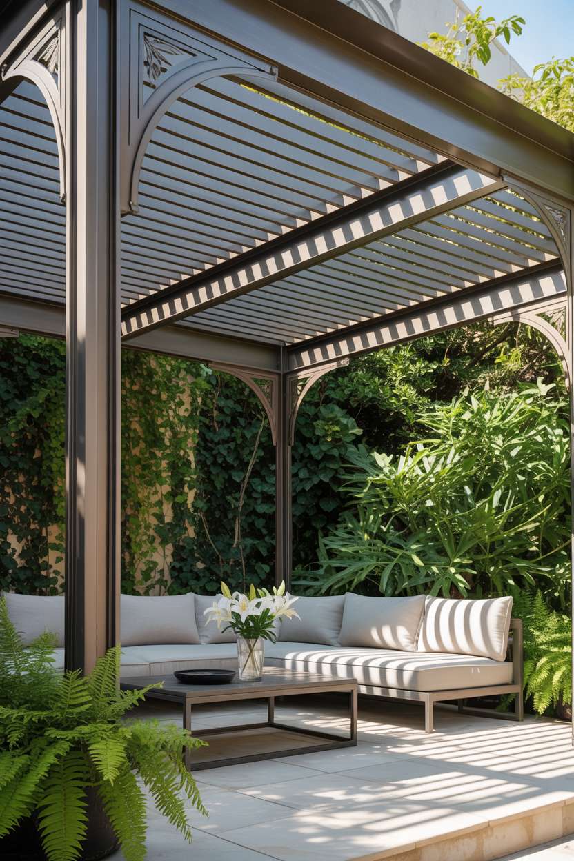 27 Gorgeous Pergola Patio Ideas to Transform Your Backyard 14 Bronze steel pergola with geometric slatted roof over gray sectional sofa