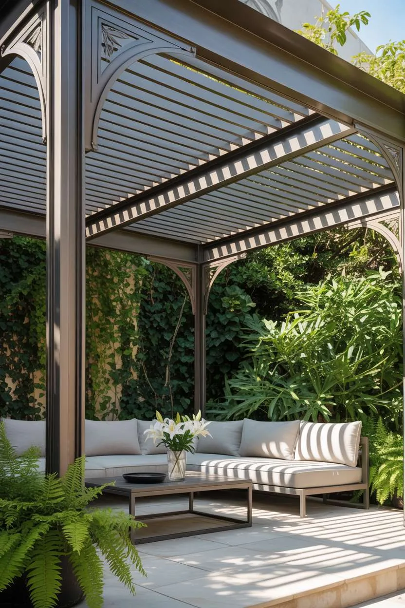 27 Gorgeous Pergola Patio Ideas to Transform Your Backyard 14 Bronze steel pergola with geometric slatted roof over gray sectional sofa
