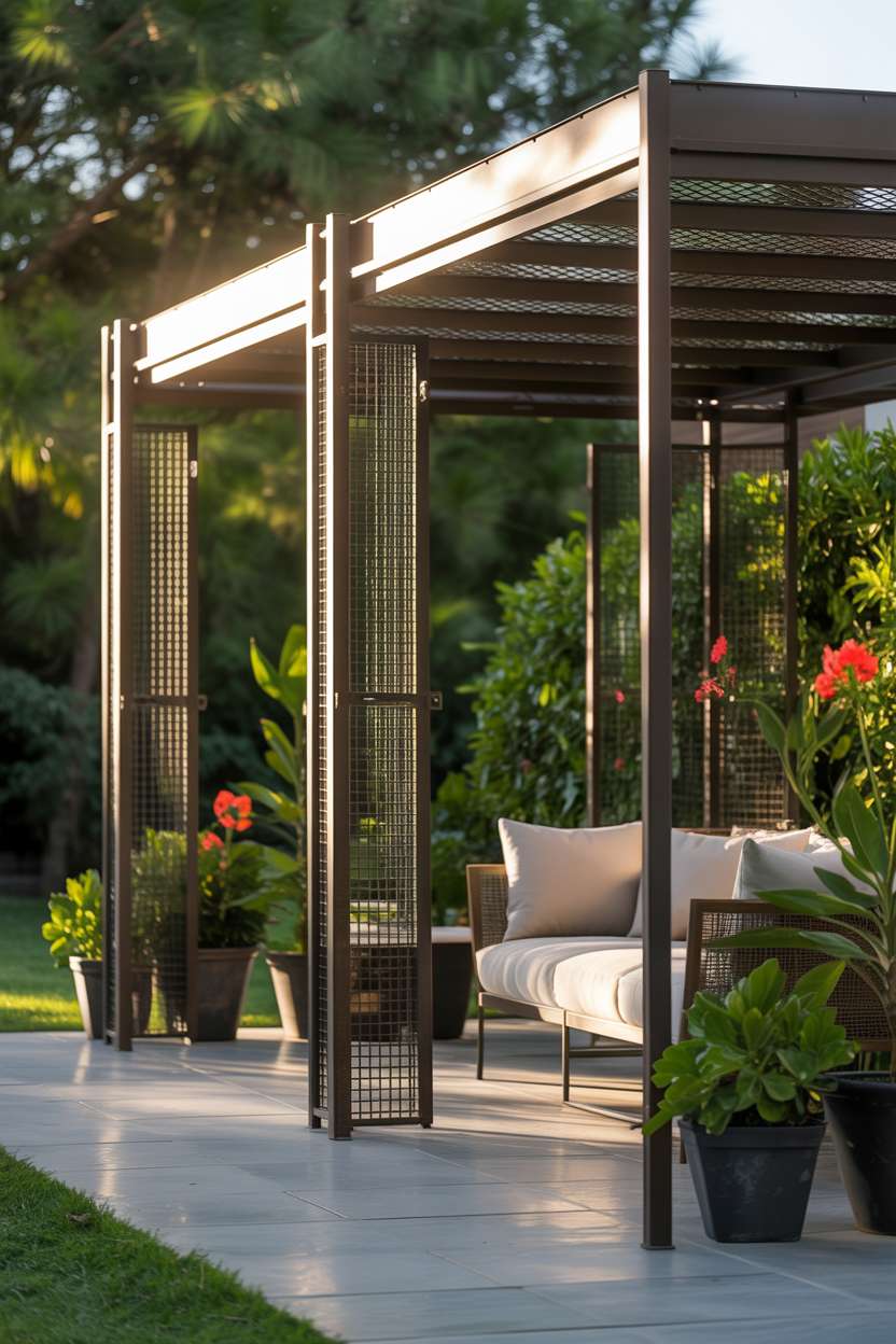 27 Gorgeous Pergola Patio Ideas to Transform Your Backyard 15 Bronze metal pergola with lattice pattern over cream sofa with red flowering plants