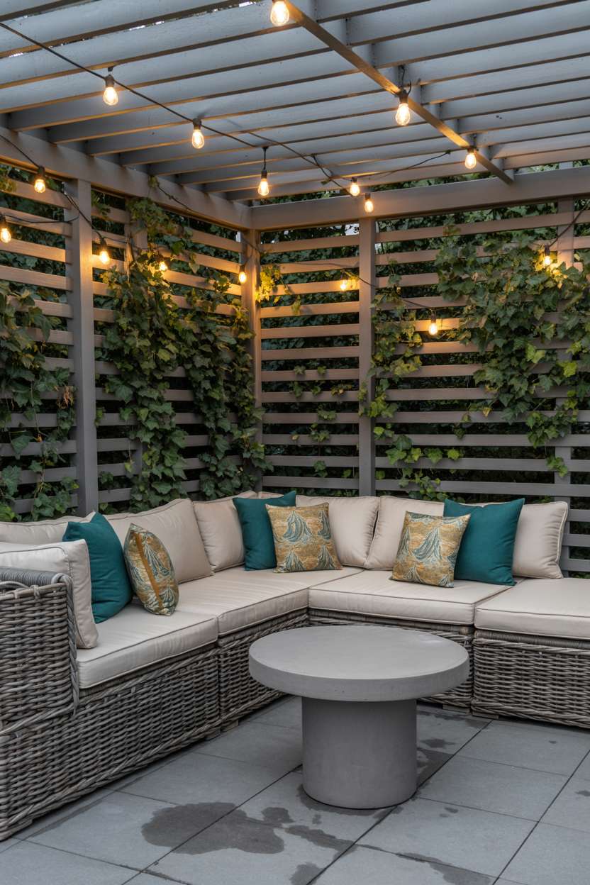 27 Gorgeous Pergola Patio Ideas to Transform Your Backyard 16 Dark gray pergola with ivy and fairy lights over cream seating with teal pillows