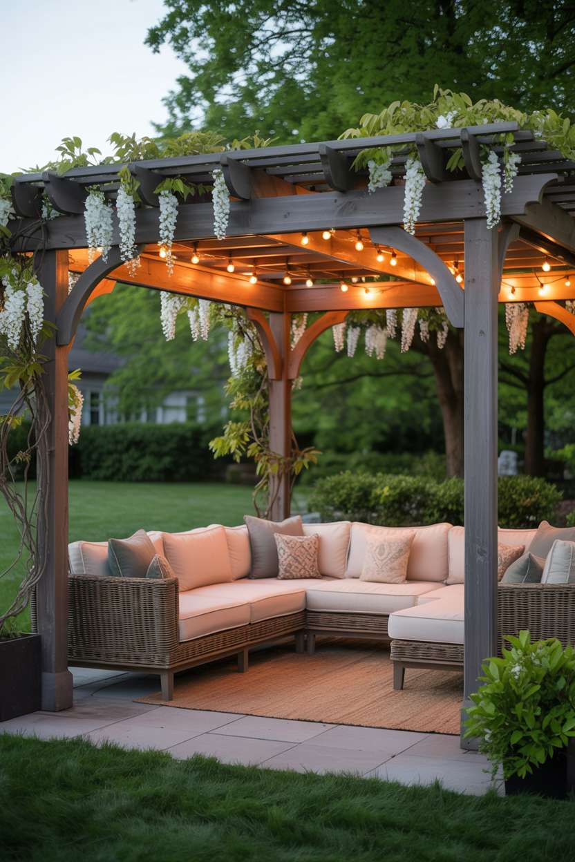 27 Gorgeous Pergola Patio Ideas to Transform Your Backyard 17 Dark wood pergola with white wisteria and LED string lights over cream sectional