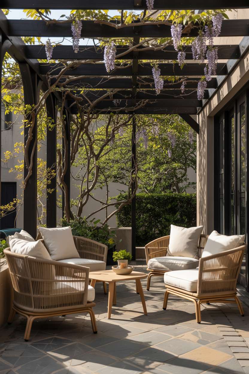 27 Gorgeous Pergola Patio Ideas to Transform Your Backyard 18 Dark wood pergola with wisteria vines over rattan furniture on patterned stone tiles