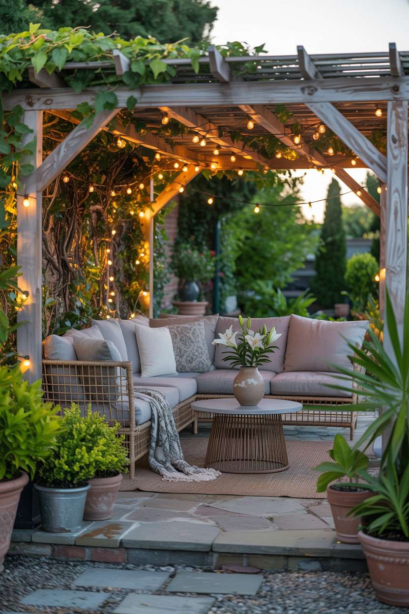 27 Gorgeous Pergola Patio Ideas to Transform Your Backyard 19 Wooden pergola with ivy and string lights over rattan sofa with natural stone paving