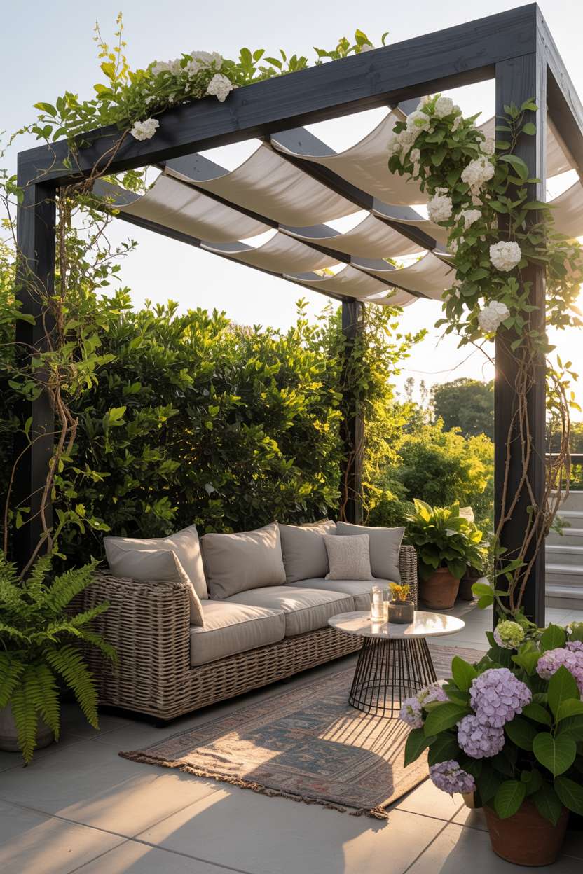 27 Gorgeous Pergola Patio Ideas to Transform Your Backyard 20 Dark wood pergola with jasmine vines and white fabric over wicker sofa