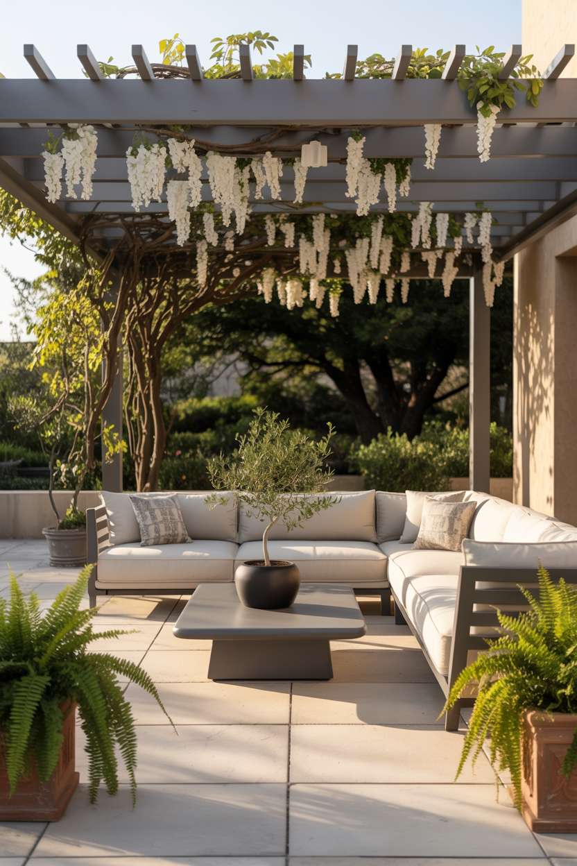 27 Gorgeous Pergola Patio Ideas to Transform Your Backyard 21 Modern pergola with white wisteria over cream sectional with potted olive tree