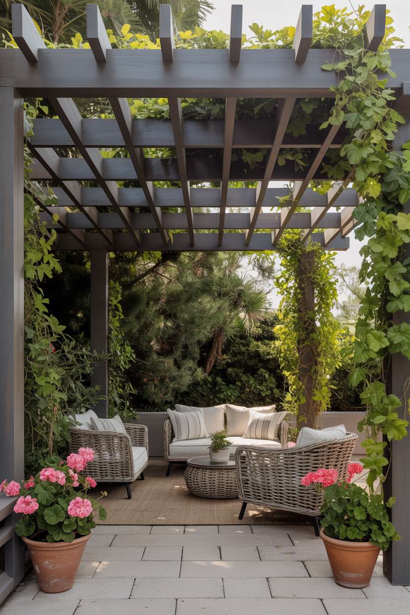 27 Gorgeous Pergola Patio Ideas to Transform Your Backyard 22 Dark wood pergola with green vines over neutral rattan furniture with pink geraniums