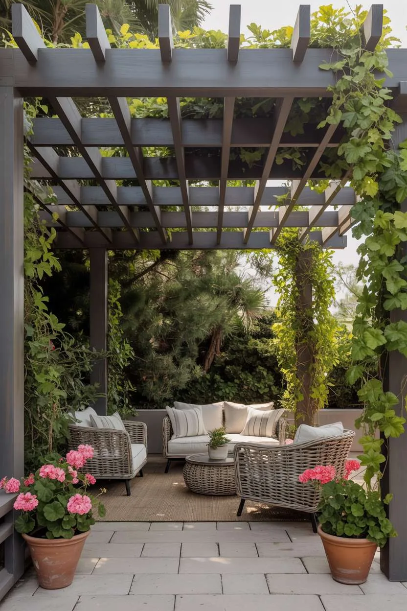 27 Gorgeous Pergola Patio Ideas to Transform Your Backyard 22 Dark wood pergola with green vines over neutral rattan furniture with pink geraniums