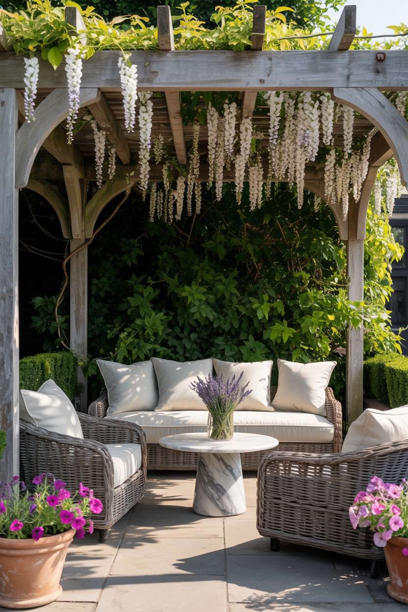 27 Gorgeous Pergola Patio Ideas to Transform Your Backyard 23 Weathered pergola with white wisteria over cream wicker seating with marble table