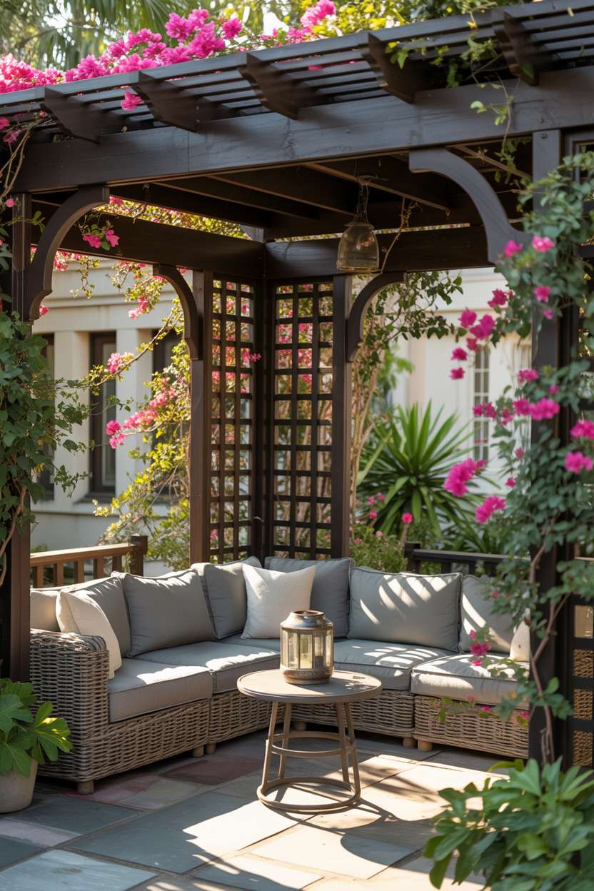 27 Gorgeous Pergola Patio Ideas to Transform Your Backyard 24 Dark wood pergola with lattice work and pink bougainvillea over gray wicker sectional