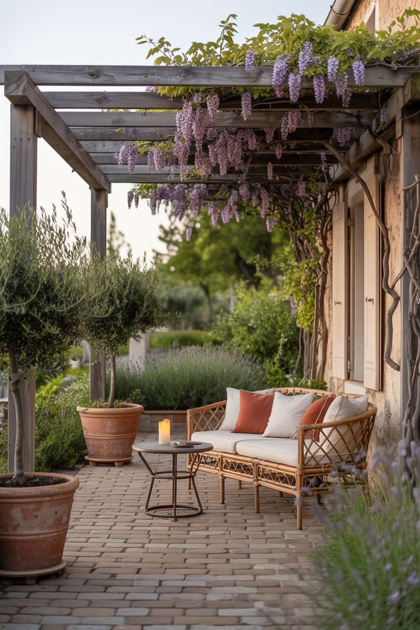 27 Gorgeous Pergola Patio Ideas to Transform Your Backyard 25 Weathered pergola with wisteria over rattan sofa with cobblestone paving and candle