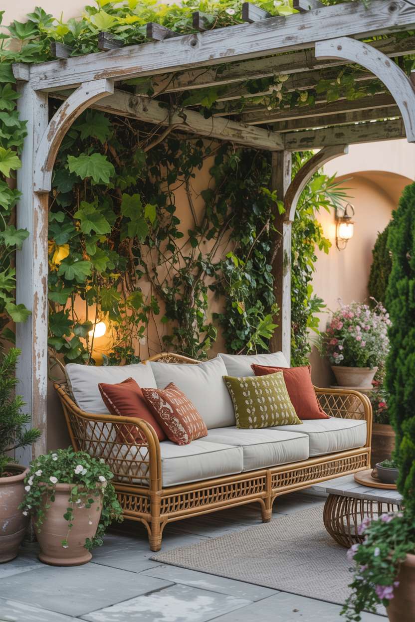 27 Gorgeous Pergola Patio Ideas to Transform Your Backyard 26 Weathered pergola with green vines over cream rattan sofa with cascading flowers