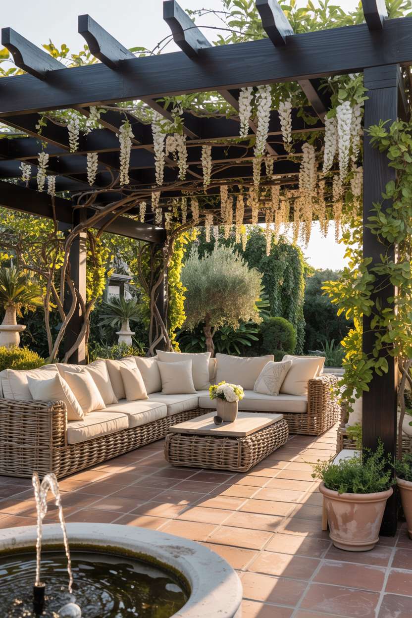27 Gorgeous Pergola Patio Ideas to Transform Your Backyard 27 Dark wood pergola with white wisteria over cream seating with stone fountain