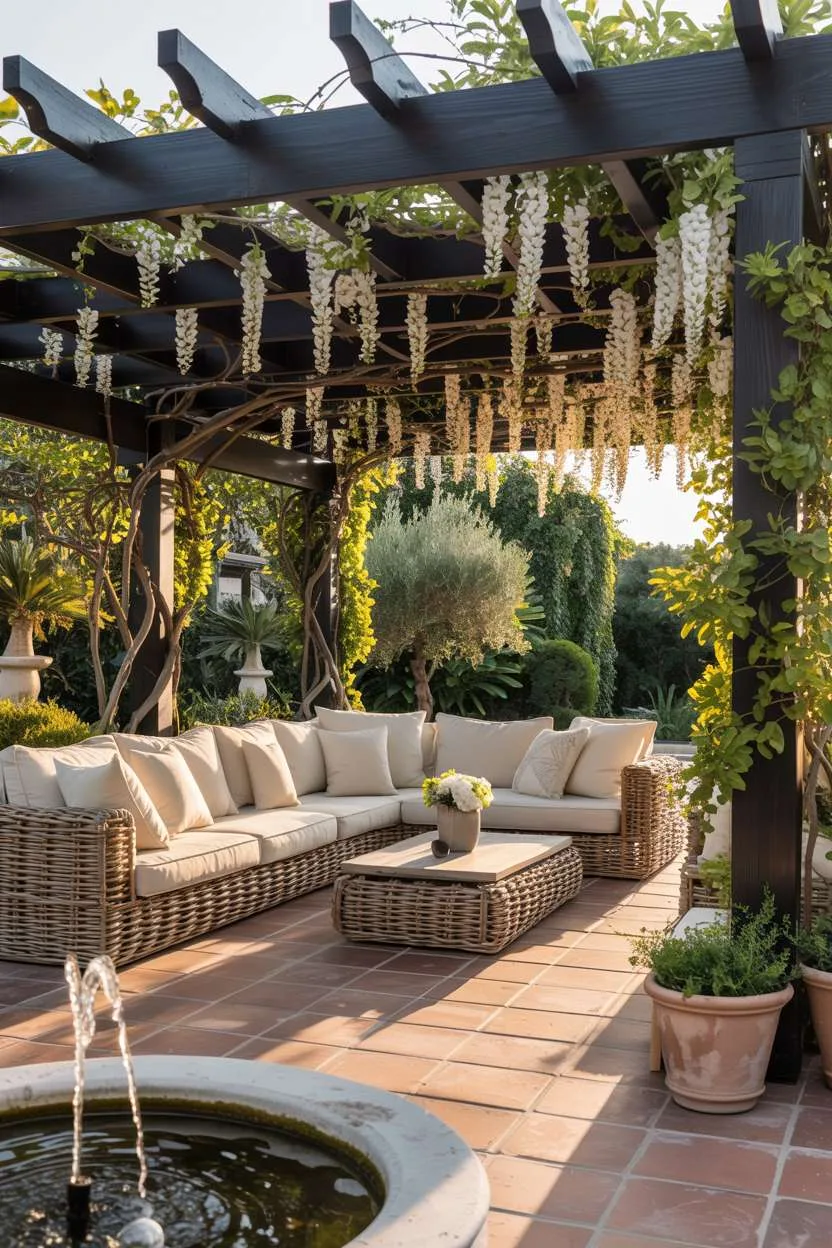 27 Gorgeous Pergola Patio Ideas to Transform Your Backyard 27 Dark wood pergola with white wisteria over cream seating with stone fountain