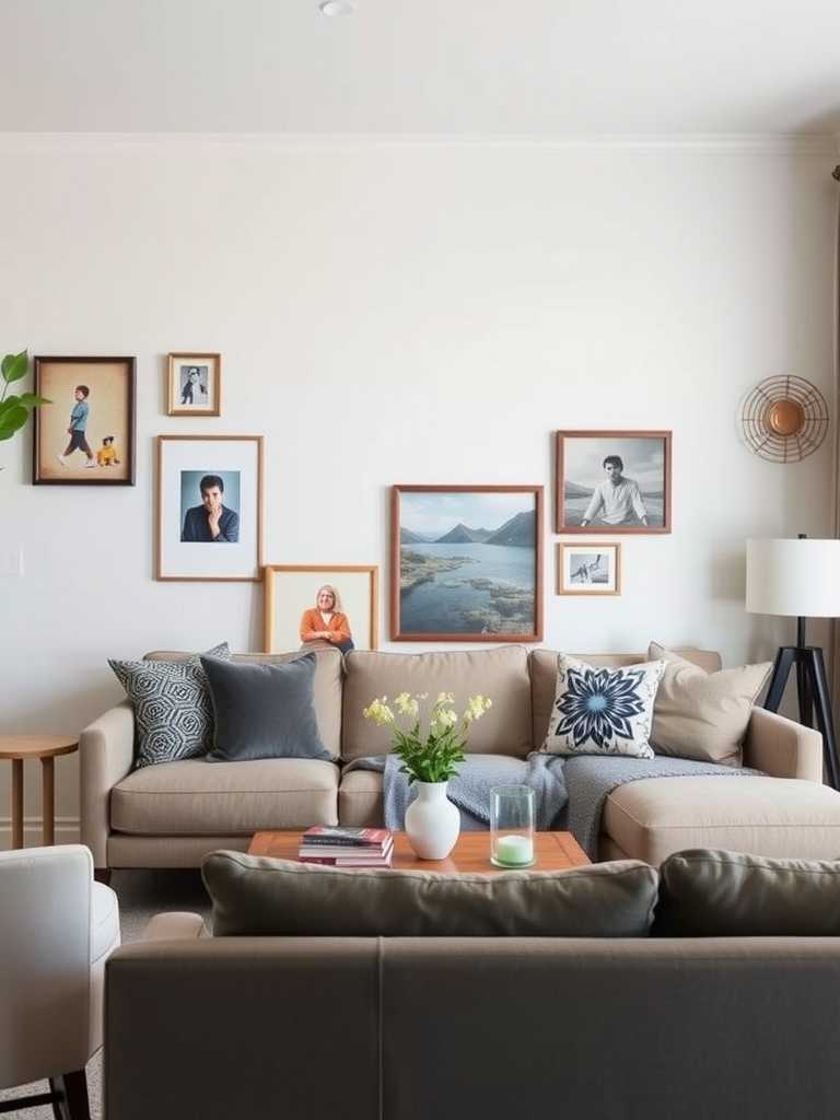 Cozy living room with gallery wall and decorative touches.