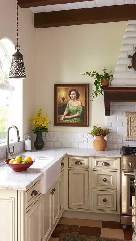 Cozy Spanish Mediterranean kitchen with dark wood cabinets and personal decor