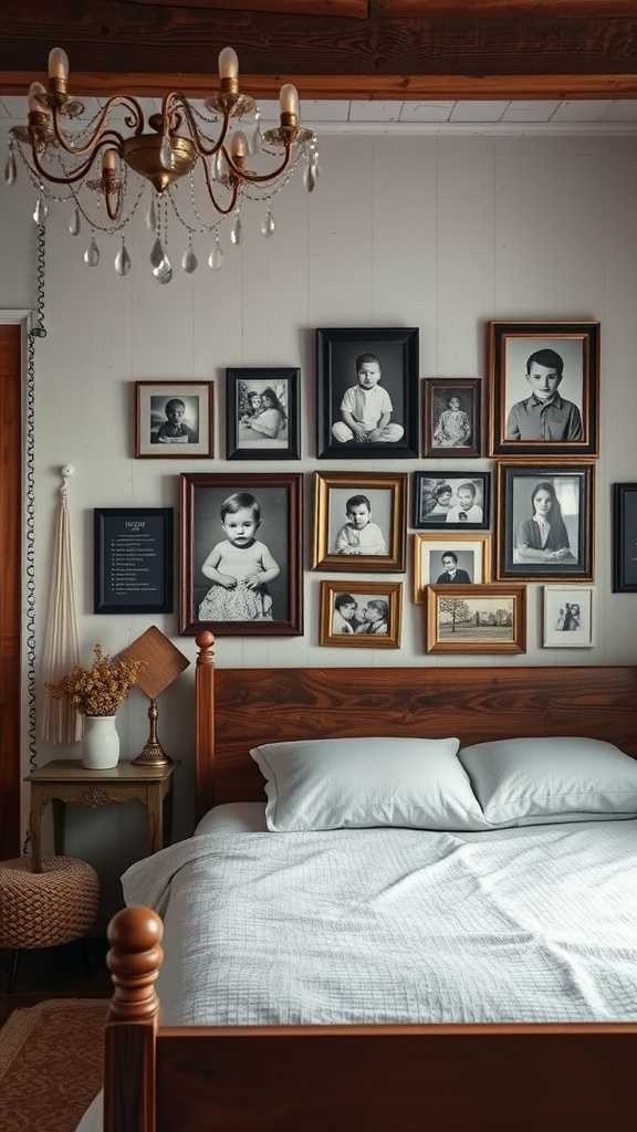 A rustic bedroom featuring a wall of framed family photos above a wooden bed.