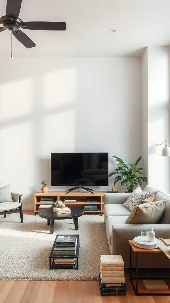 A modern minimalist living room featuring a light color palette, simple furniture, and decorative touches.