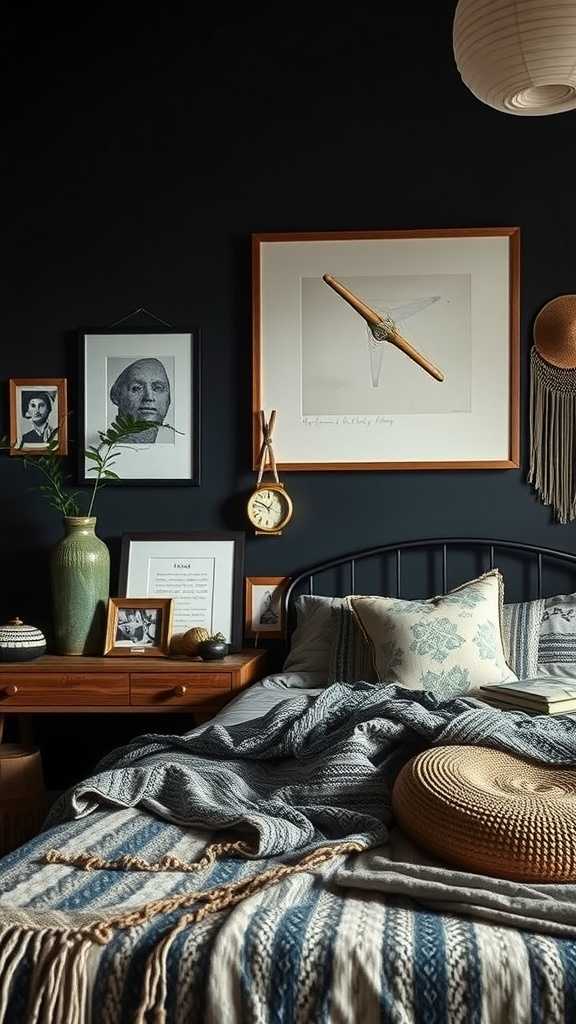 A cozy dark boho bedroom with personalized decor and natural elements.