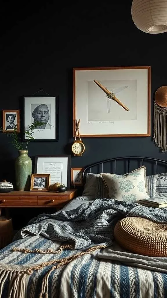 20 Unique Dark Boho Bedroom Ideas for a Bold Statement 7 A cozy dark boho bedroom with personalized decor and natural elements.