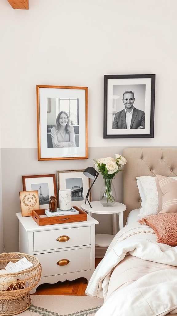 A stylish bedroom featuring a bed with white linens, framed photographs on the wall, and decorative plants.