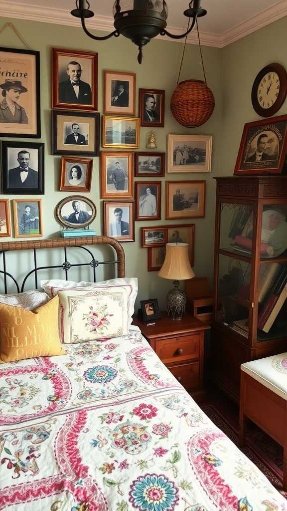 A vintage bedroom with framed pictures on the wall, a cozy bed, and personal decor items.