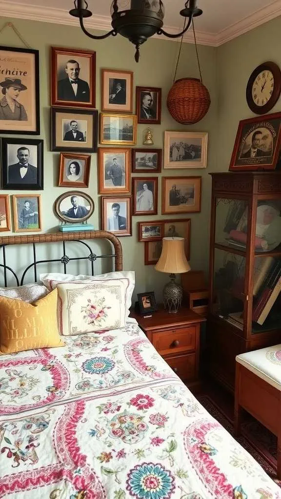 10 Charming Vintage Bedroom Ideas for a Timeless Retreat 9 A vintage bedroom with framed pictures on the wall, a cozy bed, and personal decor items.