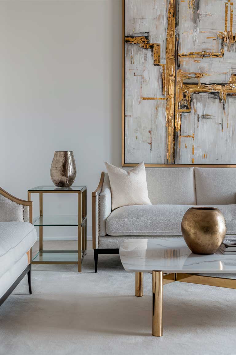 A small elegant living room with a white marble coffee table featuring gold legs. A glass side table with a brass frame sits next to a compact sofa. On the coffee table, there's a vase with a metallic gold finish, and a large piece of abstract art with gold accents hangs on the wall.