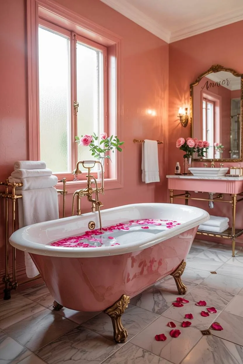 17 Bold Pink Bathroom Ideas for Instant Style Boost 1 Luxurious pink bathroom with clawfoot bathtub, rose petals, and gold fixtures