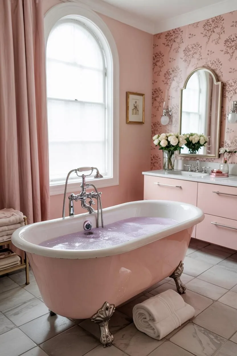 17 Bold Pink Bathroom Ideas for Instant Style Boost 2 Blush pink bathroom featuring clawfoot tub with chrome fixtures and floral wallpaper