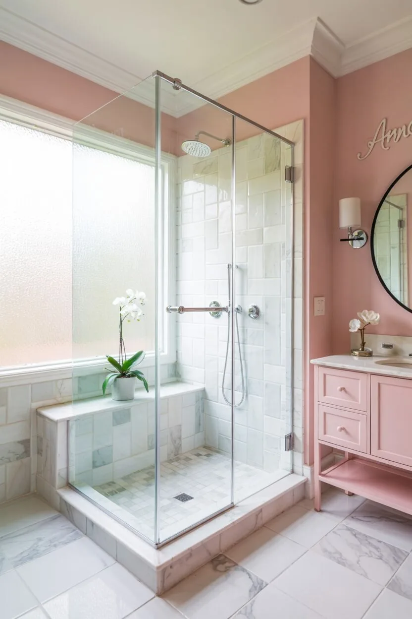 17 Bold Pink Bathroom Ideas for Instant Style Boost 3 Modern pink bathroom with glass walk-in shower, white marble flooring, and circular mirror