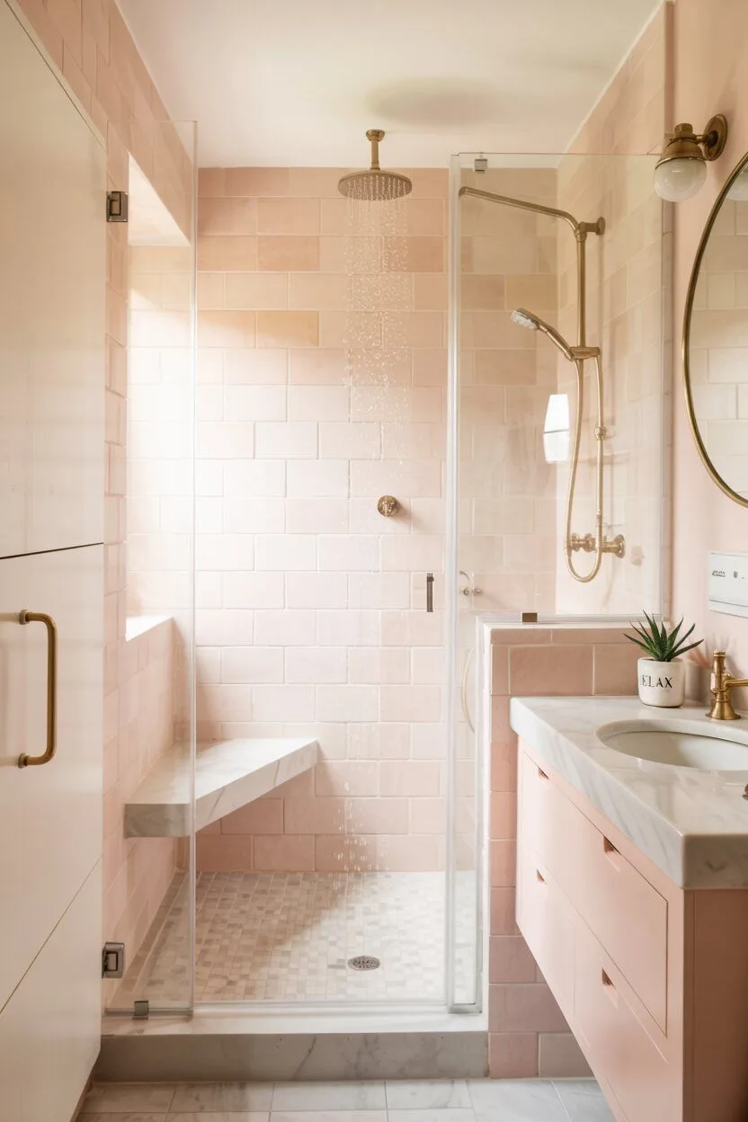 17 Bold Pink Bathroom Ideas for Instant Style Boost 4 Luxurious pink bathroom with glass shower enclosure, rainfall showerhead, and gold fixtures