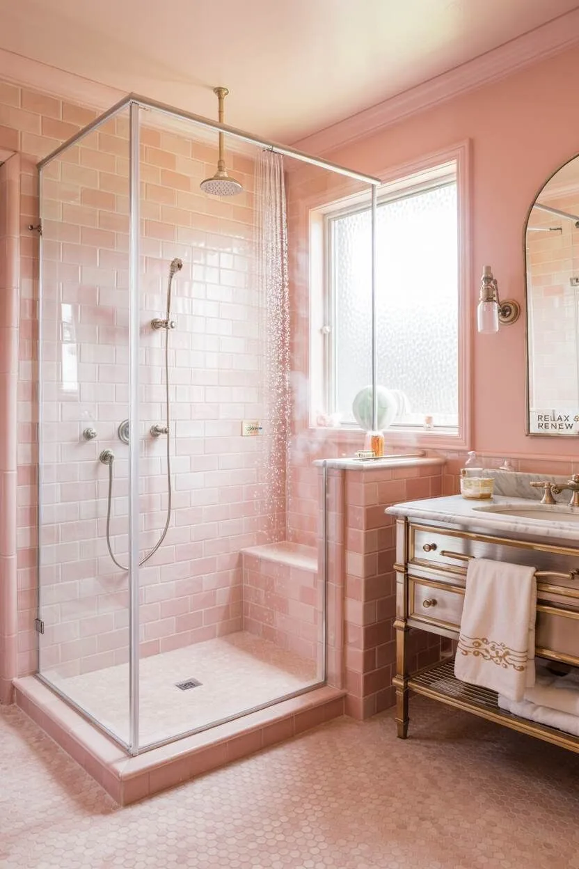 17 Bold Pink Bathroom Ideas for Instant Style Boost 5 Pink bathroom with glass shower enclosure, hexagonal tiles, and "Relax & Renew" etched mirror