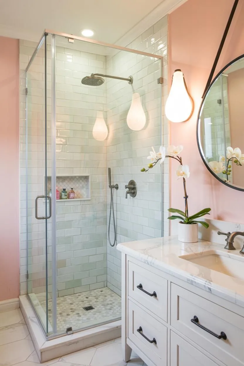 17 Bold Pink Bathroom Ideas for Instant Style Boost 6 Modern pink bathroom with glass shower enclosure, light gray tiles, and circular mirror