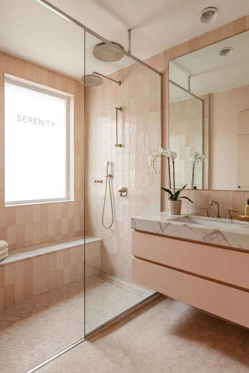 17 Bold Pink Bathroom Ideas for Instant Style Boost 7 Pink bathroom with glass shower enclosure, large-format blush tiles, and floating vanity