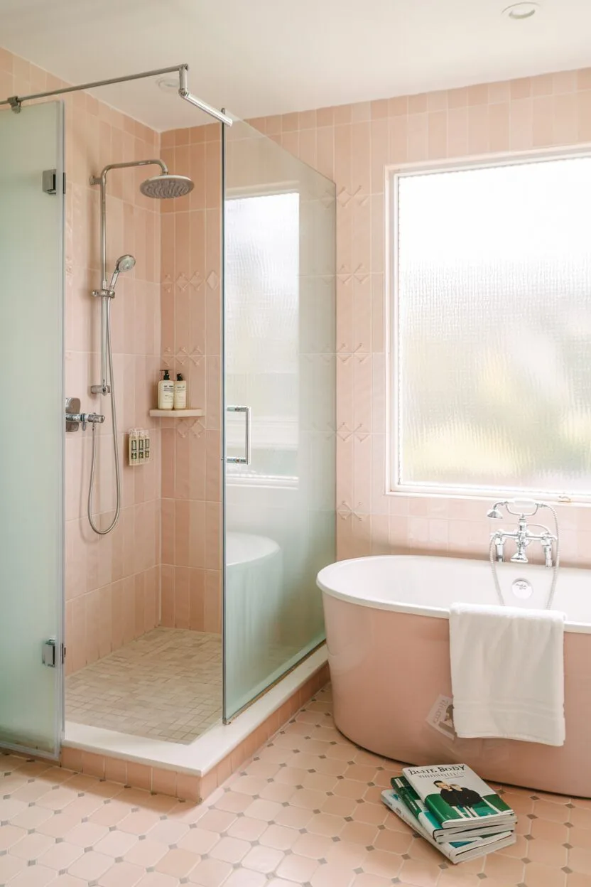 17 Bold Pink Bathroom Ideas for Instant Style Boost 8 Modern pink bathroom with glass shower enclosure, freestanding bathtub, and geometric tile pattern