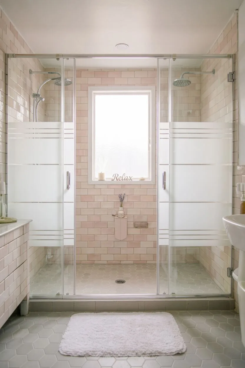 17 Bold Pink Bathroom Ideas for Instant Style Boost 9 Modern pink bathroom with glass rain shower, hexagonal tiles, and white bath mat