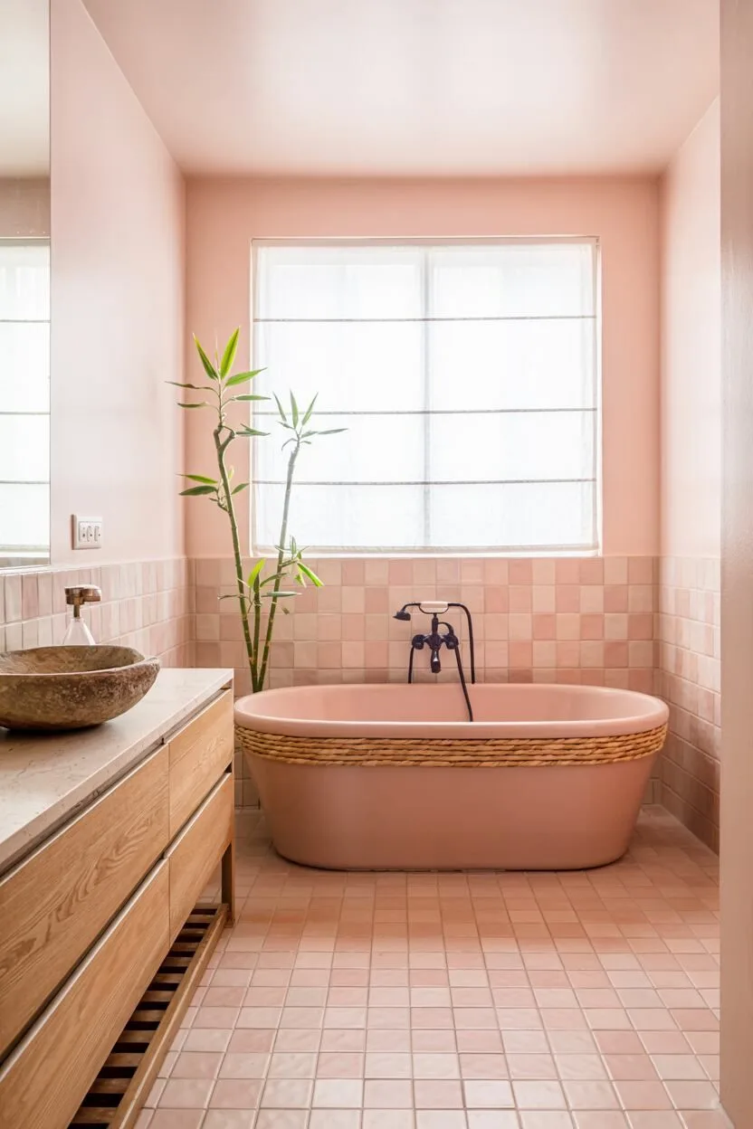 17 Bold Pink Bathroom Ideas for Instant Style Boost 10 Minimalist pink bathroom with freestanding soaking tub, wooden vanity, and bamboo plant
