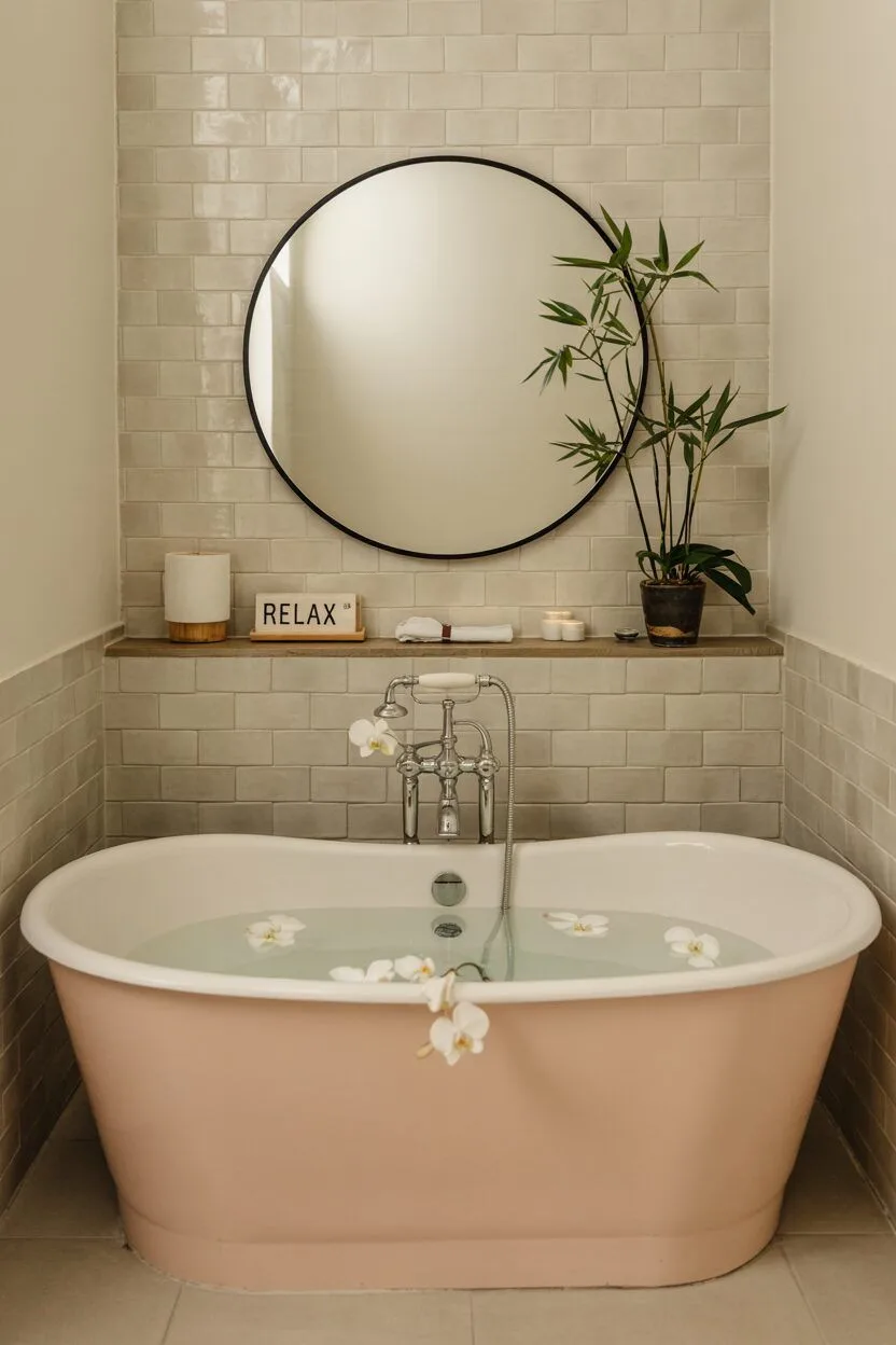 17 Bold Pink Bathroom Ideas for Instant Style Boost 11 Japandi-style bathroom with blush pink soaking tub, gray subway tiles, and circular mirror