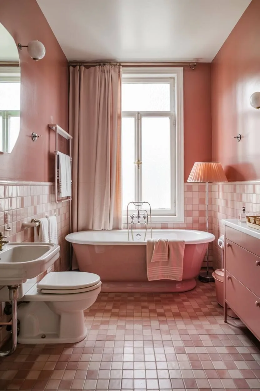 17 Bold Pink Bathroom Ideas for Instant Style Boost 12 Cozy pink bathroom with freestanding tub near window, pink and white tiled floor, and pink curtains