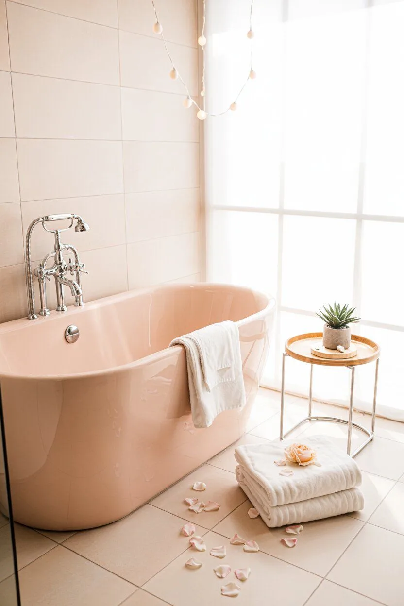 17 Bold Pink Bathroom Ideas for Instant Style Boost 13 Modern pink bathroom with blush freestanding tub, chrome fixtures, and fairy lights