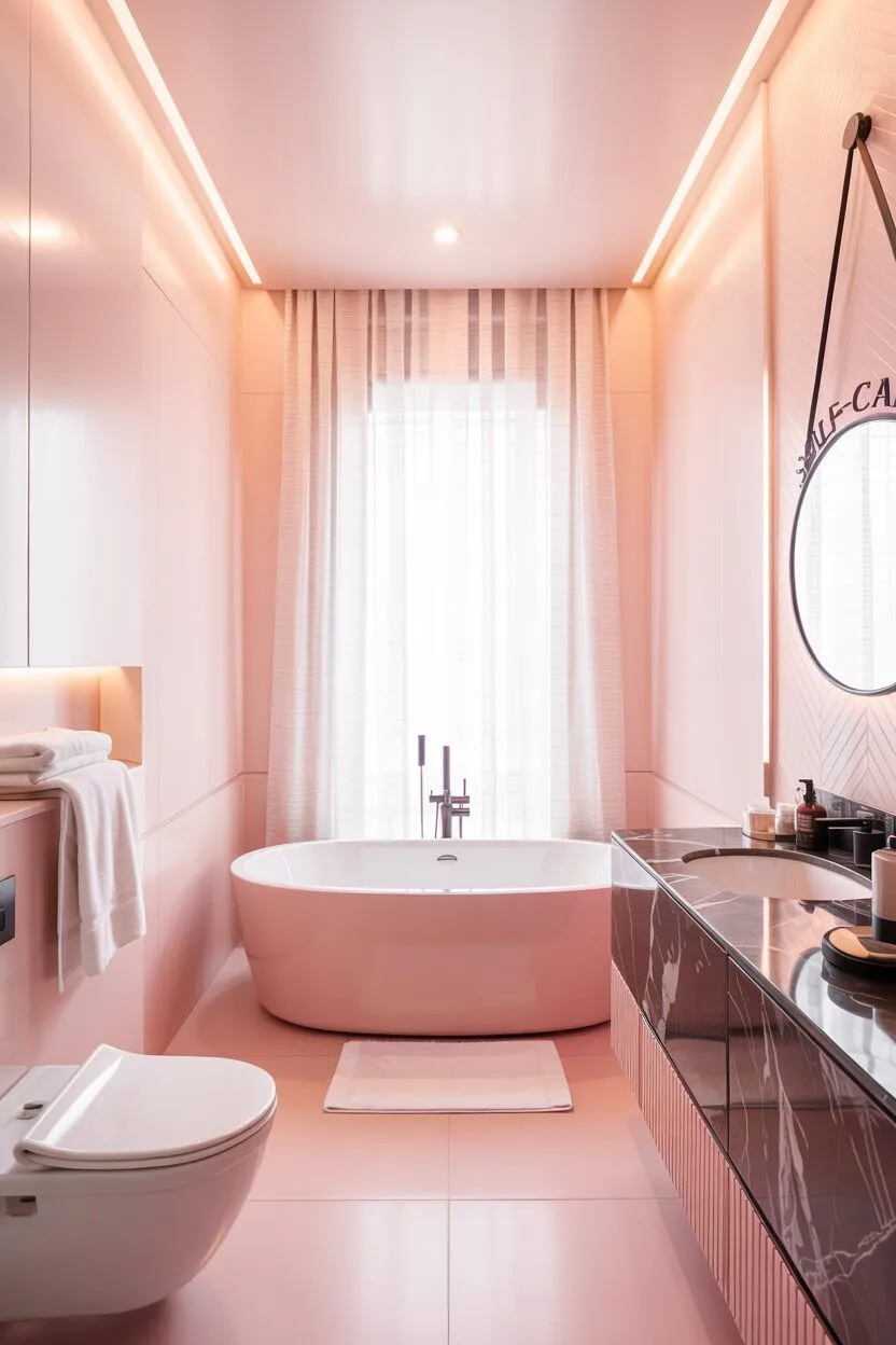 17 Bold Pink Bathroom Ideas for Instant Style Boost 14 Modern pink bathroom with freestanding oval tub, geometric wall patterns, and circular "self-care" mirror