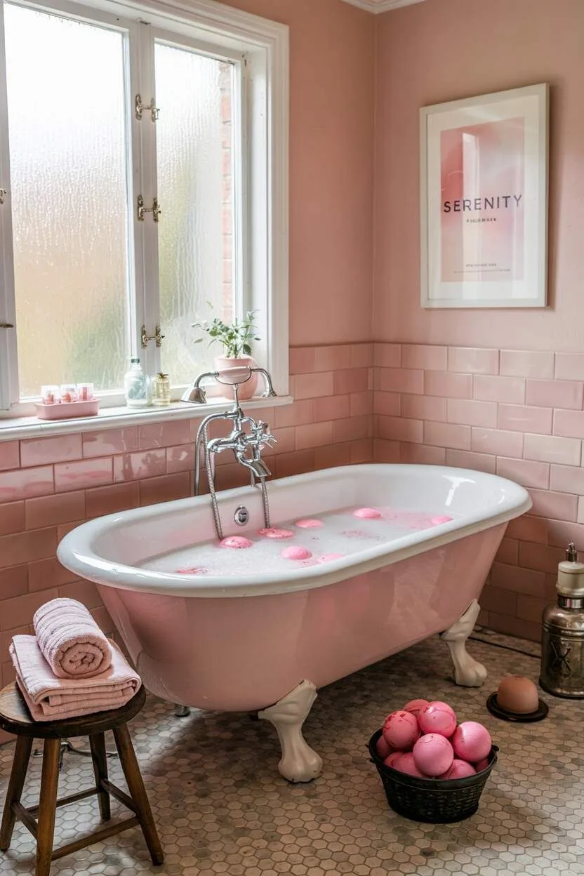 17 Bold Pink Bathroom Ideas for Instant Style Boost 15 Pink bathroom with clawfoot tub, hexagonal tile wall, and "Serenity" framed print
