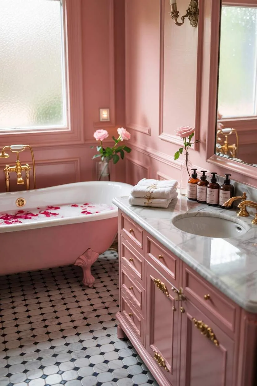 17 Bold Pink Bathroom Ideas for Instant Style Boost 16 Luxurious pink bathroom with gold accents, clawfoot tub with rose petals, and marble countertops