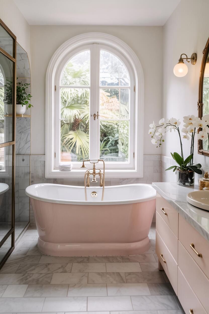 Stylish pink bathroom with blush soaking tub, arched window with greenery view, and brass mirror
