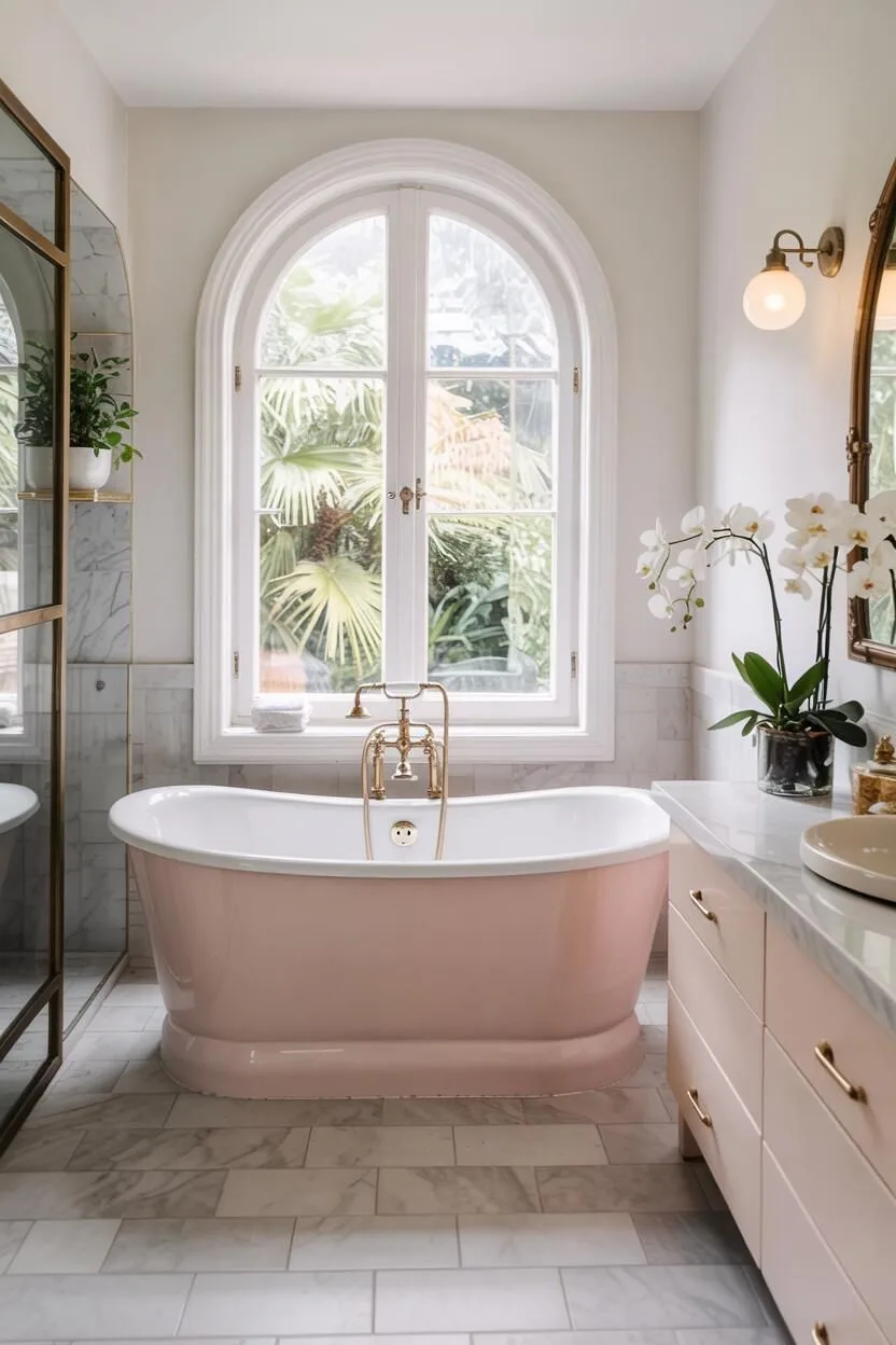 17 Bold Pink Bathroom Ideas for Instant Style Boost 17 Stylish pink bathroom with blush soaking tub, arched window with greenery view, and brass mirror