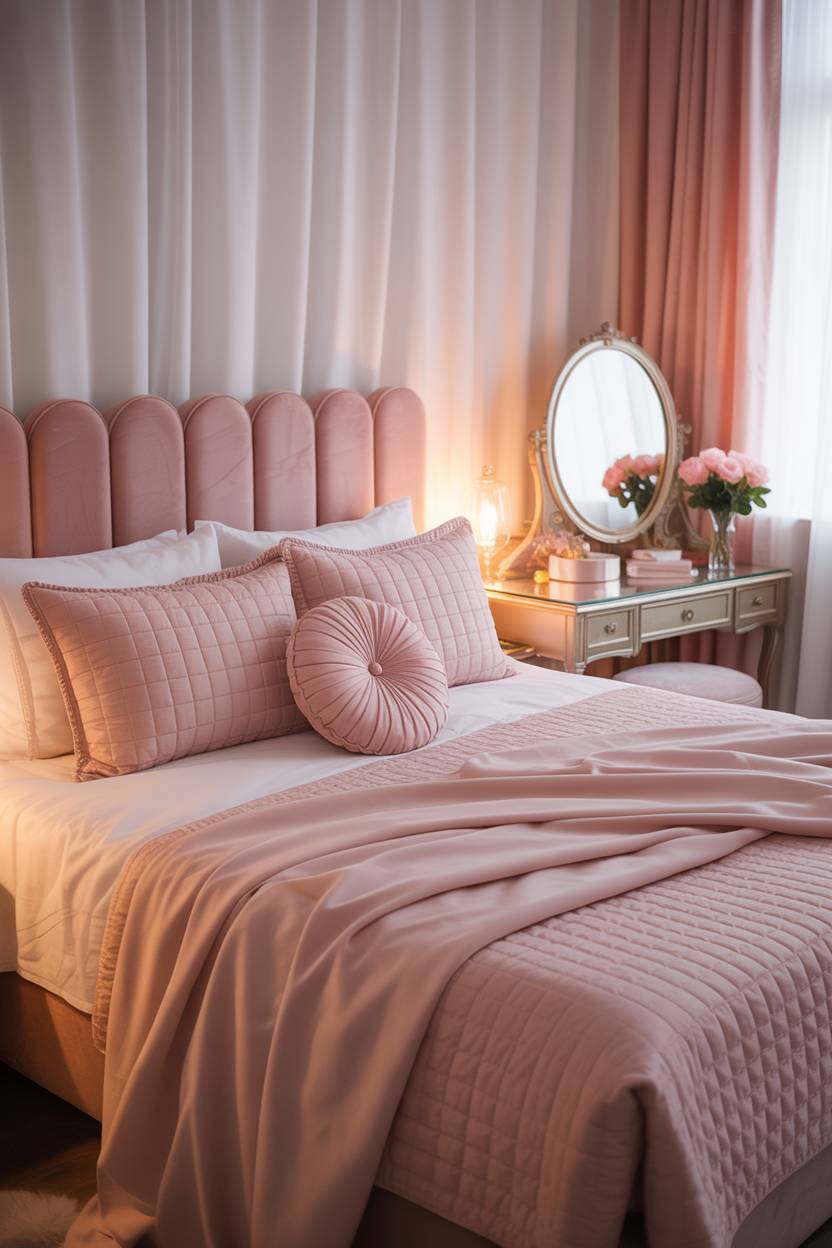 Luxurious pink bedroom with queen bed, velvet headboard, white linens, and vintage vanity