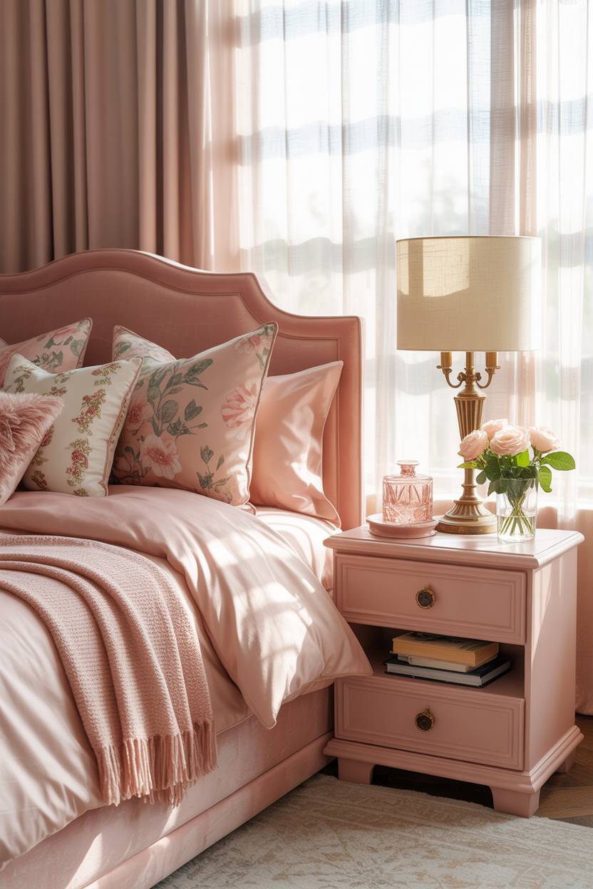 Pink bedroom featuring queen bed with blush comforter, patterned pillows, and brass reading lamp